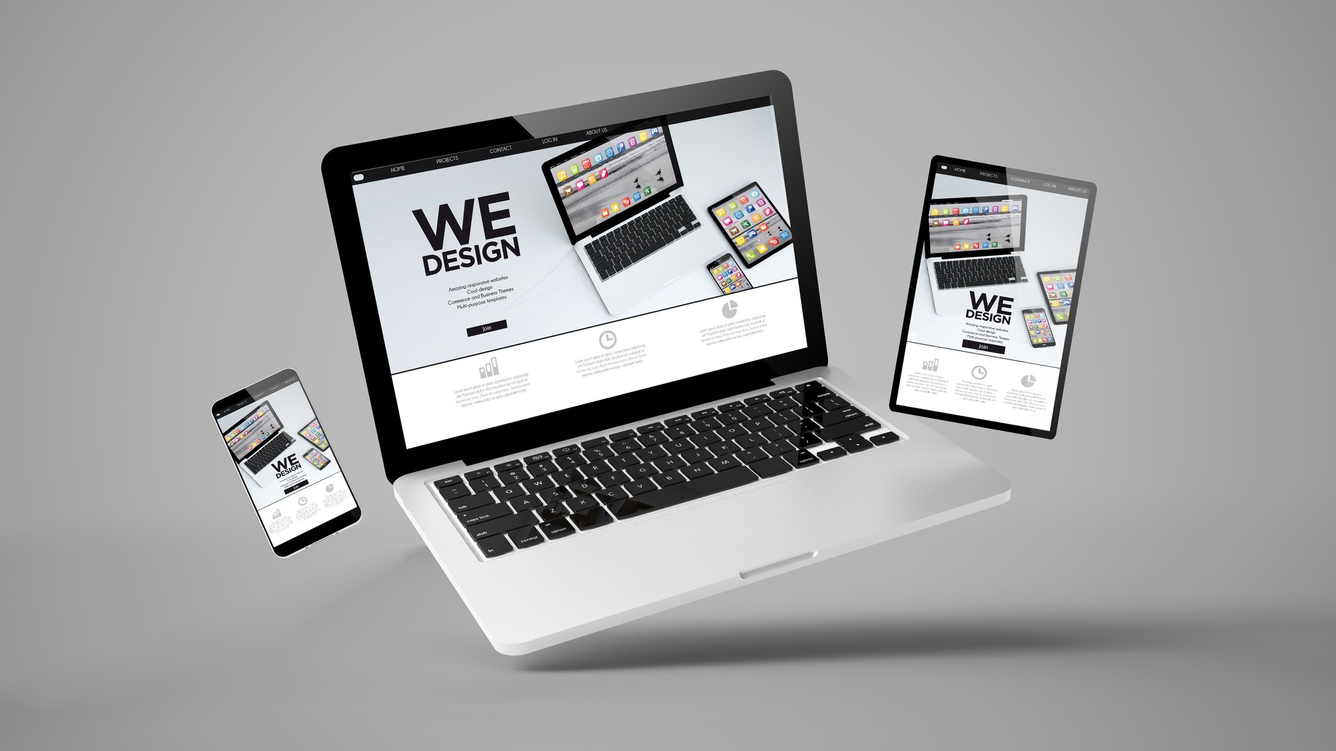 flying tablet, laptop and mobile phone showing mobile design website